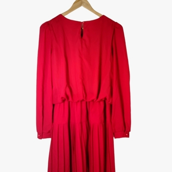 Vintage 1970s Cami Red Long Sleeves Drop-waist Pleated Midi Dress Womens Size 10 - Picture 10 of 15
